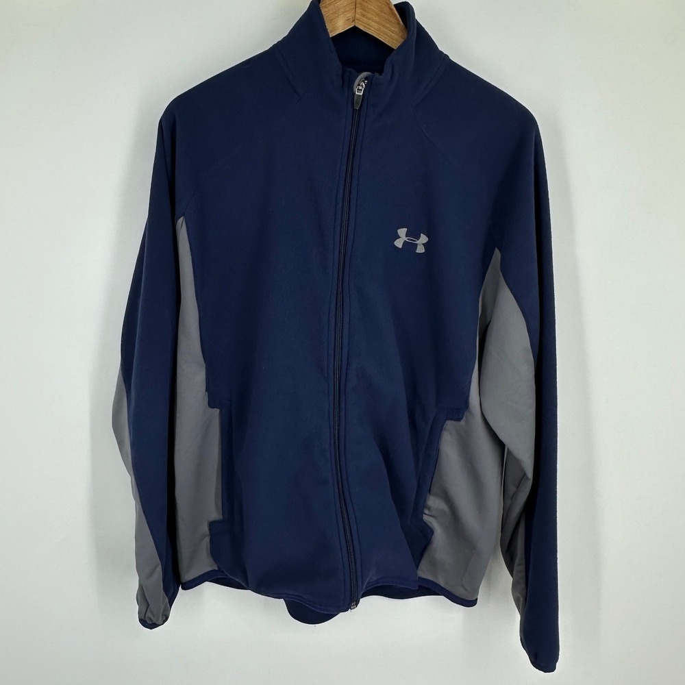 Under Armour Mens Full Zip Fleece Jacket Navy Blue Gray Mock Neck Size Medium